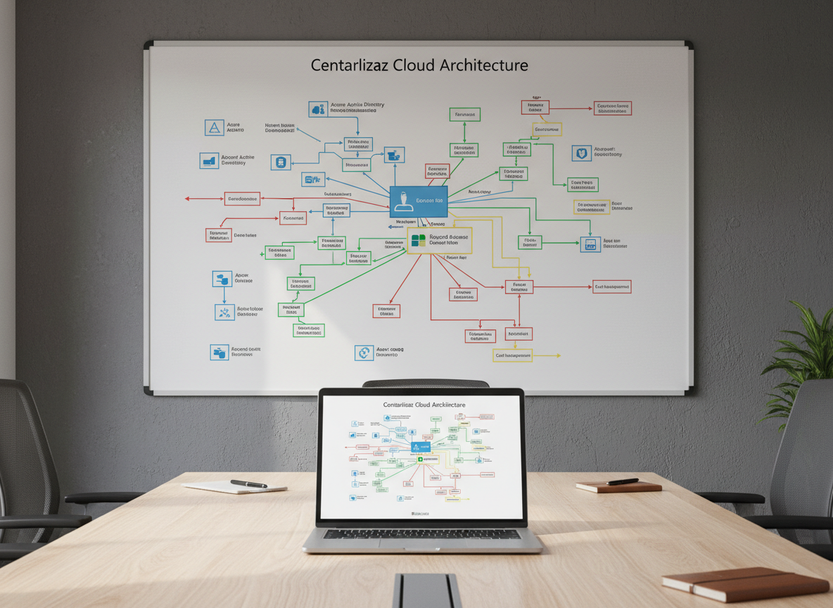 A centralized cloud architecture diagram printed on a large, matte-white board mounted on a charcoal-gray office wall, illustrating Azure components, Microsoft 365 services, security layers, and cost-optimization flows in precise, color-coded lines and icons. A slim, silver laptop rests open on a light oak conference table beneath the board, showing a synced digital version of the diagram. Soft, even daylight flows in from an unseen window, creating gentle shadows under the laptop and table edge. Photographed from a slightly elevated angle, the composition follows the rule of thirds, drawing the eye from laptop to board. The atmosphere is strategic and analytical, emphasizing clear structure and modern IT planning in a realistic, corporate setting.