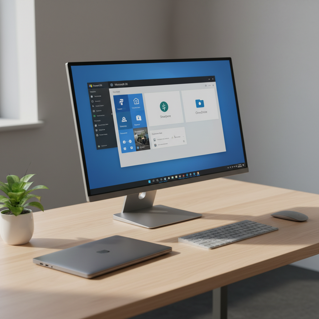 A modern digital workplace setup featuring a slim, bezel-less 27" monitor displaying a Microsoft 365 workspace with Teams, SharePoint, and OneDrive windows neatly arranged against a calm blue background. The monitor stands on a light ash wood desk with a matte surface, accompanied by a minimalist wireless keyboard and mouse, a closed dark-grey laptop, and a single small plant in a white ceramic pot for a touch of green. Soft daylight from the left creates subtle highlights on the screen and edges, with mild shadows under the peripherals. Captured from a slightly elevated three-quarter angle with moderate depth of field, the background fades into a smooth blur of a neutral-toned office wall. The mood is efficient, flexible, and welcoming, embodying a secure, modern workplace in photographic realism.