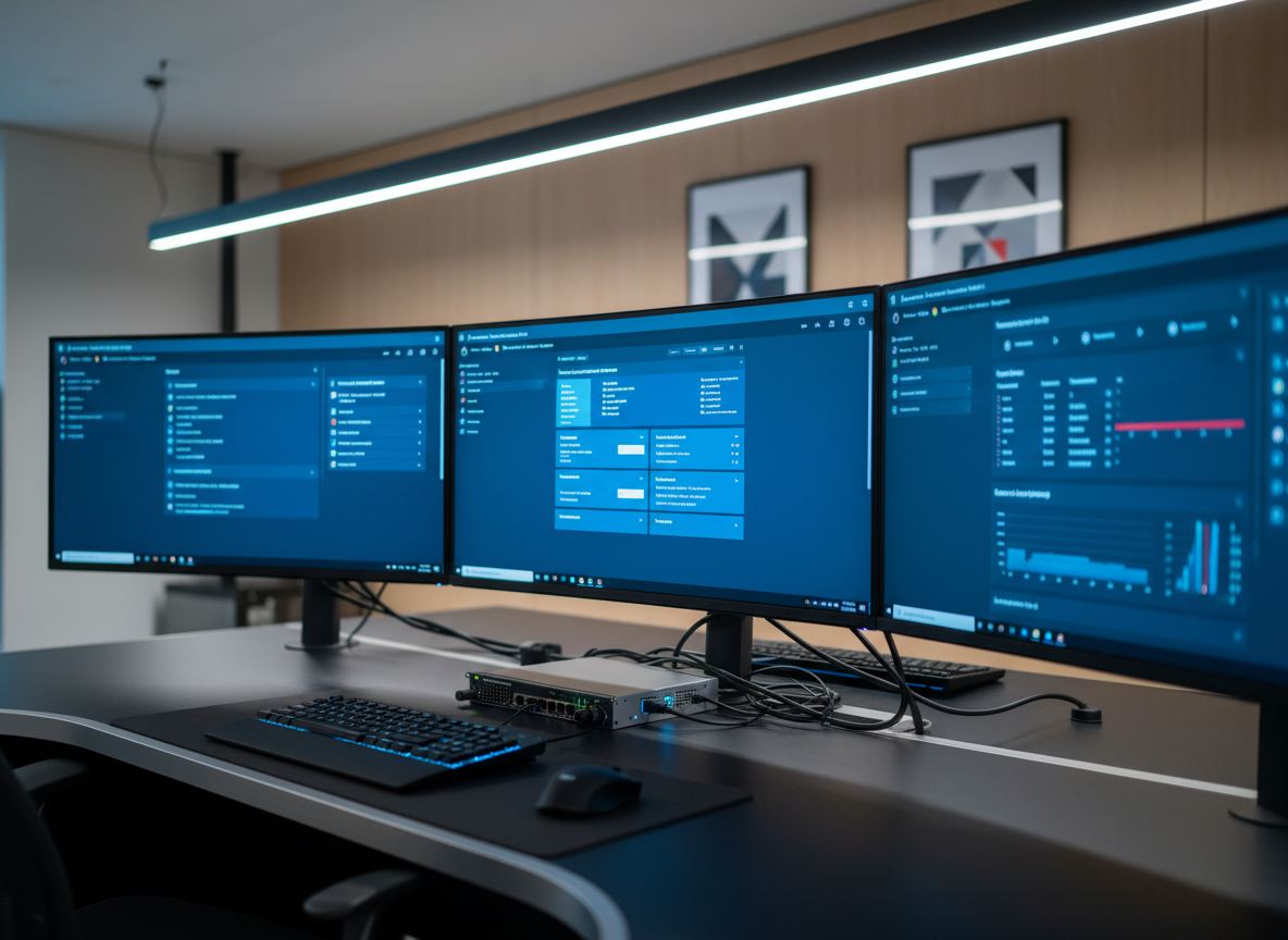 A sleek, modern IT operations workspace with multiple ultra-thin 34" curved monitors displaying Azure dashboards, Microsoft 365 admin centers, and security analytics in rich blues and teals. The screens sit on a spotless matte-black desk with a brushed aluminum edge, surrounded by neatly routed cables and a compact, high-end network switch with soft status LEDs. Cool, diffused overhead LED lighting reflects subtly on the screens, creating a calm, focused atmosphere. Captured at eye level with a slight angle, the foreground monitor is in sharp focus while the background equipment falls into a gentle bokeh. The mood is professional, efficient, and controlled, with photographic realism and a clean, Scandinavian-inspired aesthetic.