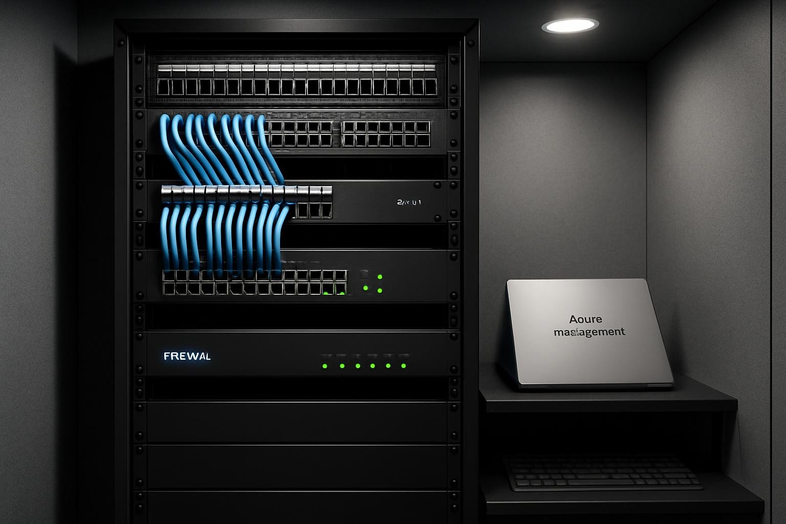 A meticulously organized server and network rack inside a small, high-end server room, with black rack-mounted equipment labeled clearly, blue and white Ethernet cables perfectly bundled, and a compact firewall displaying green security status LEDs. An adjacent shelf holds a clean, closed silver laptop labeled “Azure management” and a dark keyboard. Cool, neutral LED ceiling lights illuminate the scene evenly, highlighting textures of brushed metal and matte plastics while casting soft, controlled shadows. Shot straight-on at rack height with sharp focus throughout, the image conveys reliability, security, and order. The photographic style is crisp and modern, ideal for illustrating secure, well-managed IT infrastructure behind a digital workplace.