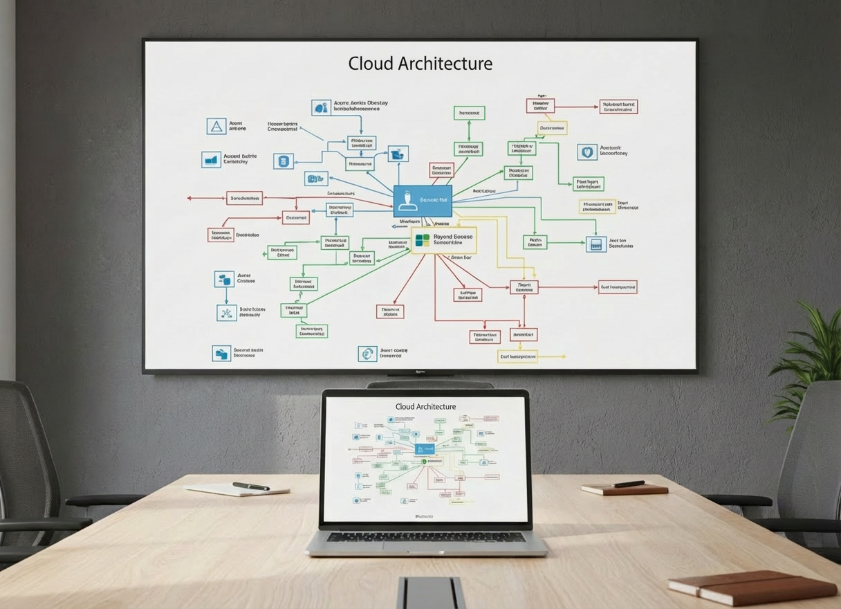 A centralized cloud architecture diagram printed on a large, matte-white board mounted on a charcoal-gray office wall, illustrating Azure components, Microsoft 365 services, security layers, and cost-optimization flows in precise, color-coded lines and icons. A slim, silver laptop rests open on a light oak conference table beneath the board, showing a synced digital version of the diagram. Soft, even daylight flows in from an unseen window, creating gentle shadows under the laptop and table edge. Photographed from a slightly elevated angle, the composition follows the rule of thirds, drawing the eye from laptop to board. The atmosphere is strategic and analytical, emphasizing clear structure and modern IT planning in a realistic, corporate setting.
