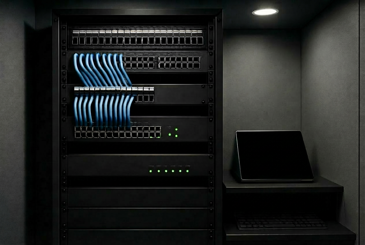 A meticulously organized server and network rack inside a small, high-end server room, with black rack-mounted equipment labeled clearly, blue and white Ethernet cables perfectly bundled, and a compact firewall displaying green security status LEDs. An adjacent shelf holds a clean, closed silver laptop labeled “Azure management” and a dark keyboard. Cool, neutral LED ceiling lights illuminate the scene evenly, highlighting textures of brushed metal and matte plastics while casting soft, controlled shadows. Shot straight-on at rack height with sharp focus throughout, the image conveys reliability, security, and order. The photographic style is crisp and modern, ideal for illustrating secure, well-managed IT infrastructure behind a digital workplace.